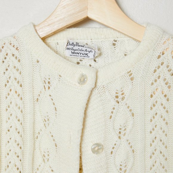 Vtg 50s Cream Open Knit Scalloped Cardigan M - Picture 4 of 7